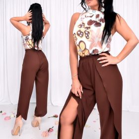 Sárga kék barna színű mintás jégselyem felső