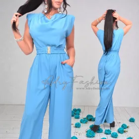Türkizkék selyem hatású elegáns overál övvel