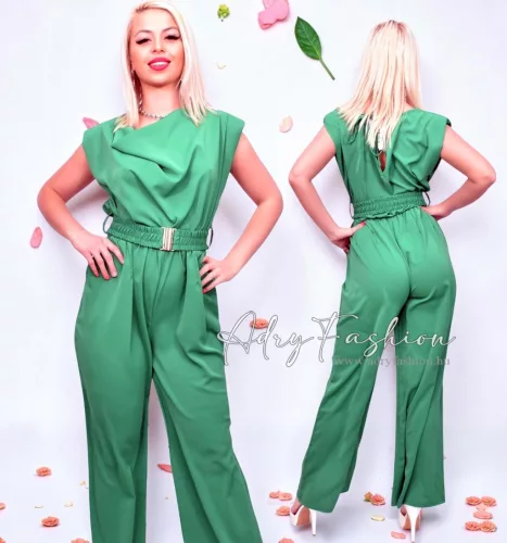 Zöld színű selyem hatású elegáns overál övvel