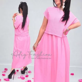 Pink lenvászon maxi ruha hálós részekkel