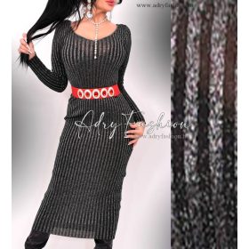   Fekete színű ezüst lurex szálas bordás v kivágott passzos női ruha