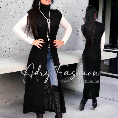 Fekete színű vastag garbós hosszú kötött mellény ruha