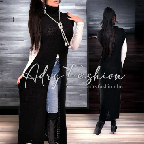 Fekete színű vastag garbós hosszú kötött mellény ruha