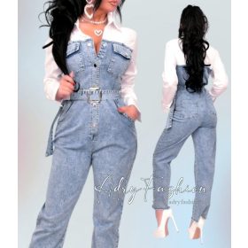 Fehér  szaggatott patentos farmer overál övvel L-es