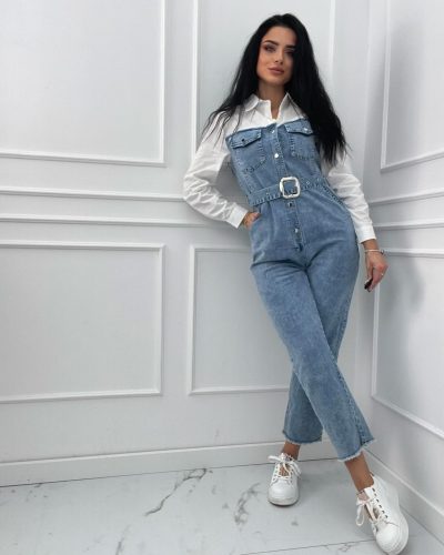 Fehér  szaggatott patentos farmer overál övvel L-es