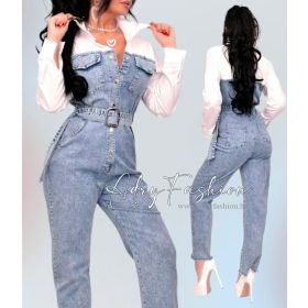 Fehér  szaggatott patentos farmer overál övvel S-es