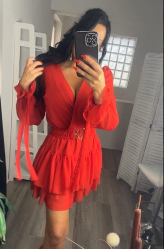 Mira Piros muszlin overál ruha övvel