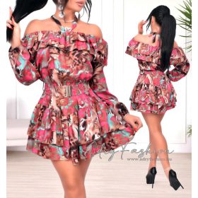 Adél Pink zöld fodros overál ruha övvel