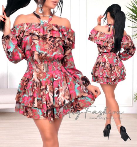 Adél Pink zöld fodros overál ruha övvel