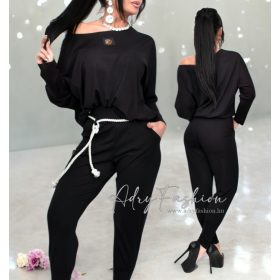 Fekete puha lezser női szabadidő felső és nadrág Szett