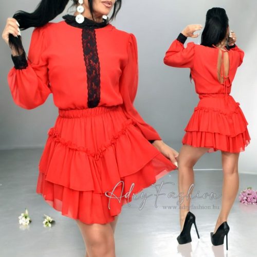 Lora Piros muszlin shortos overál ruha fekete csipke dísszel