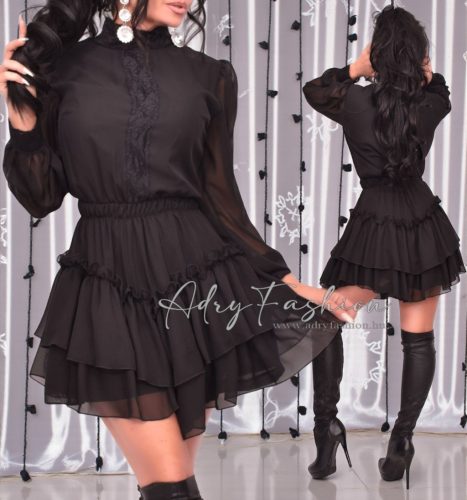 Petra Fekete színű muszlin shortos overál ruha fekete csipke dísszel