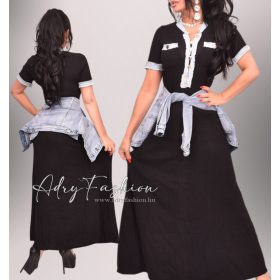   Fekete bordás kötött női RUHA farmer betétes gombdíszes 