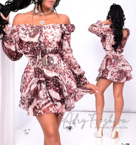 Yvett bordó mintás muszlin shortos overál ruha övvel