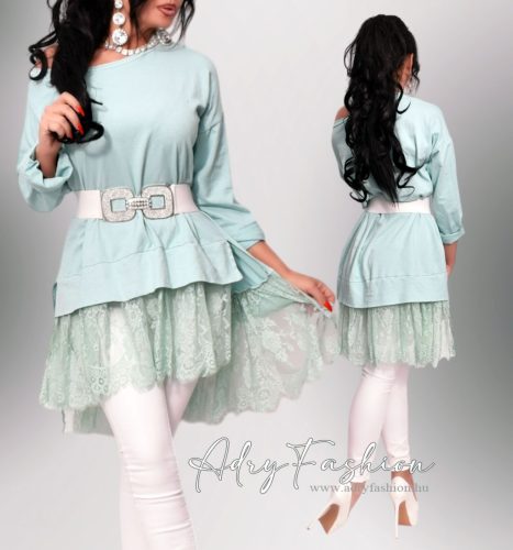 Türkiz színű lenge pamut tunika ruha alu csipkével