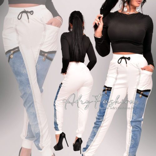 Fehér színű pamut farmer betétes nadrág strasszal cipzárral