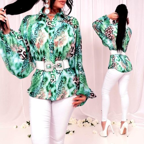 Zöld Párduc mintás hosszított ing blúz öv nélkül