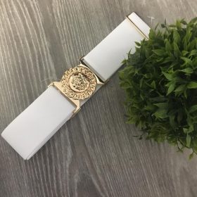   Fehér színű gumis öv arany színű oroszlánfej alakú csattal 